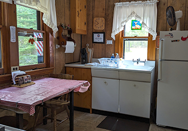 looking into the kitchen from the dining room at Cedar Cliff Cottage - refrigerator, sink, table with two chairs, two windows