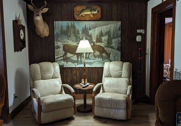 two cushioned chairs with a table and lamp in the living room of Cedar Cliff Cottage