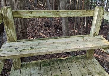 wooden bench platform on the beach access stairs at Cedar Cliff Cottage